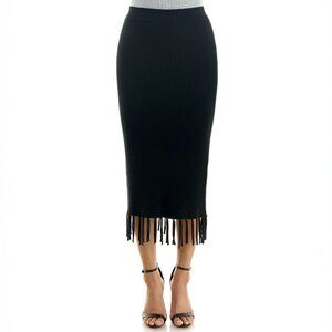 Nicole Miller | Black Ribbed Sweater Midi Skirt with Fringed Hem | Various Sizes